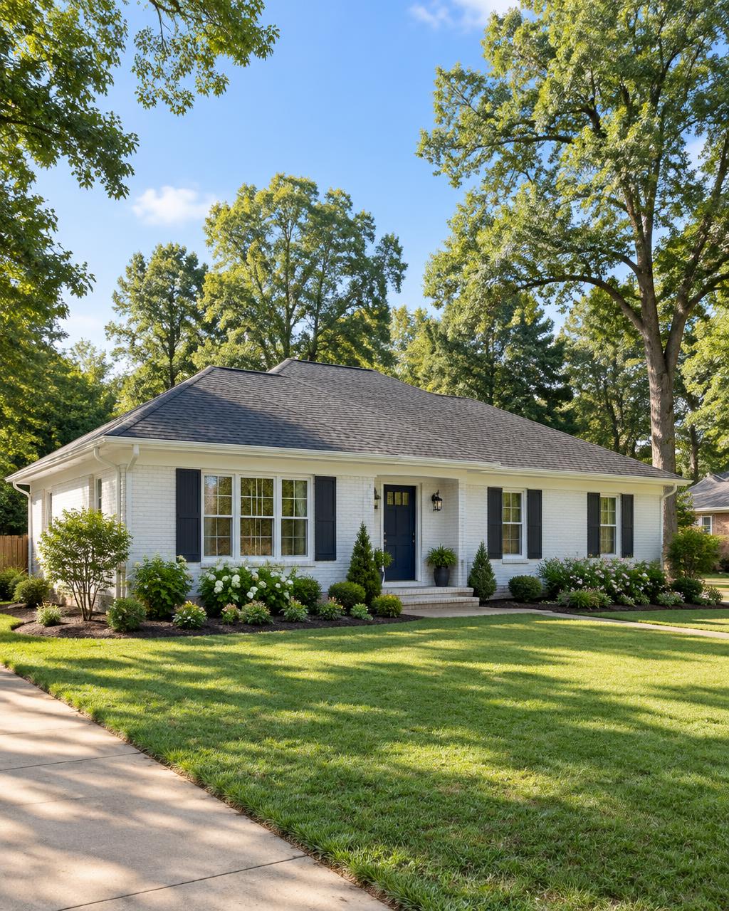 White brick ranch home with a dark shingle roof and landscaped front yard