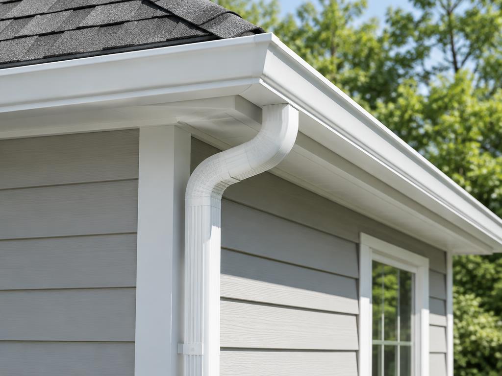 White rain gutter and downspout along a residential roof edge