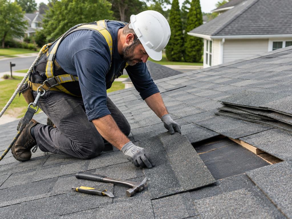 Roofer repairing a section of asphalt shingles