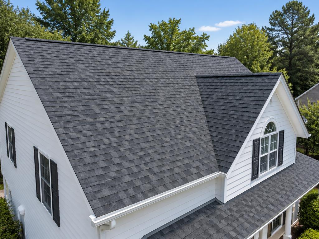New charcoal asphalt shingle roof on a white suburban home