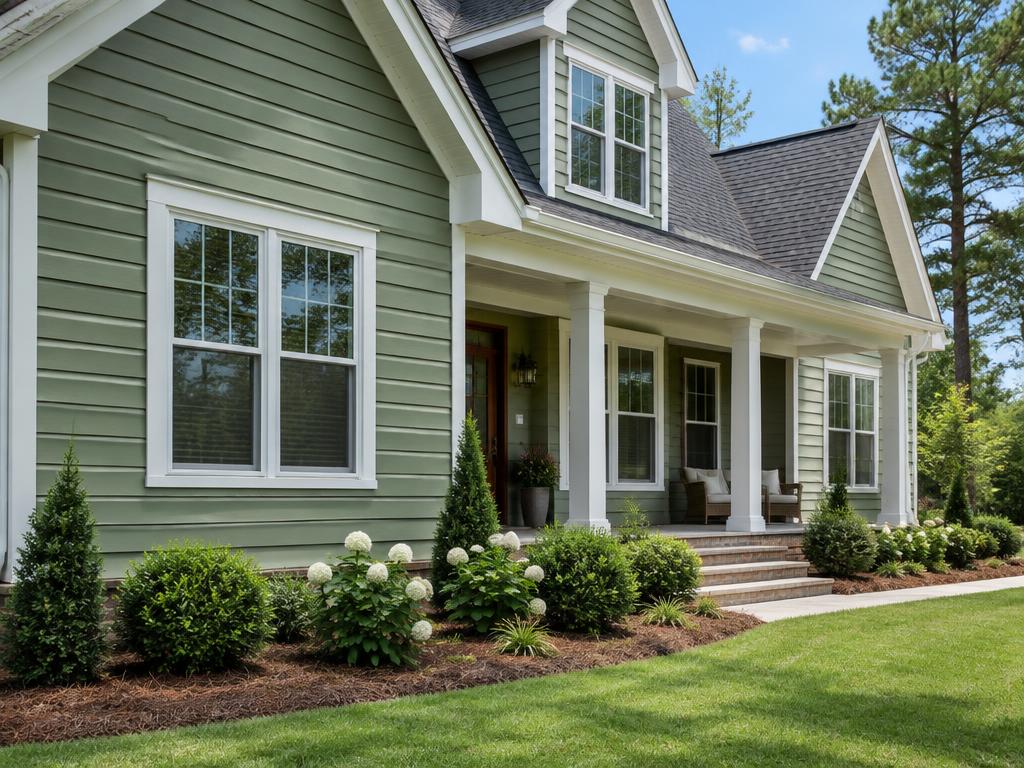Sage green lap siding with white trim on a suburban home